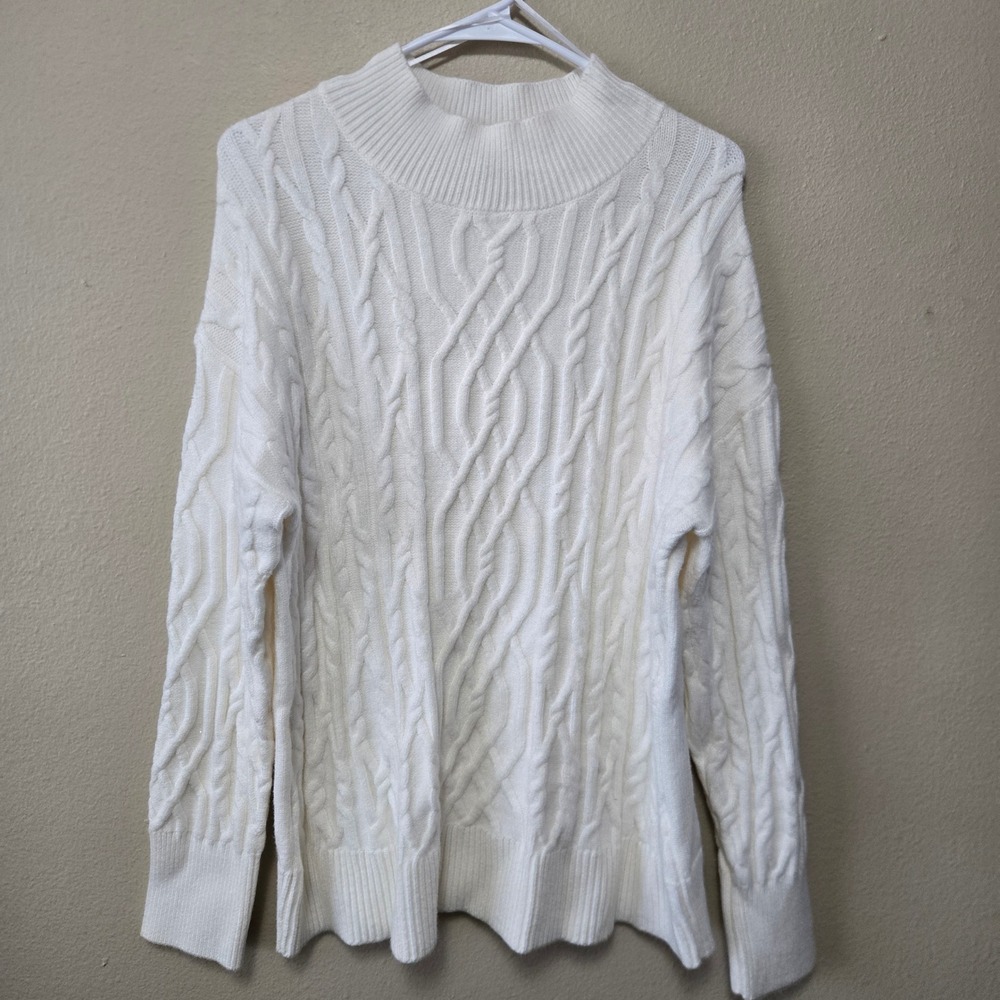 Tahari White Cable Knit Mock Neck Sweater Womens Large Soft Viscose Blend